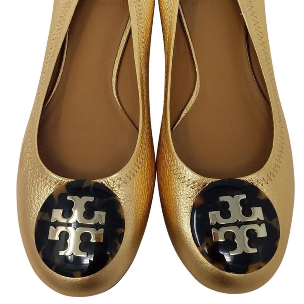 Tory Burch Gold Gold-tone Leather Reva Logo Flats